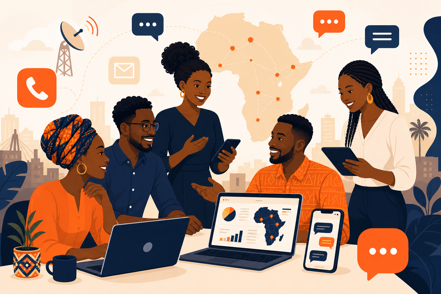 Team collaborating on messaging and customer communication worldwide